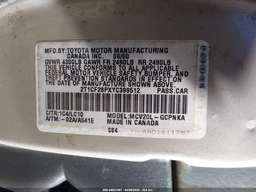 2000 Toyota Camry Solara Sle V6 VIN: 2T1CF28PXYC399512 Lot: 44821497