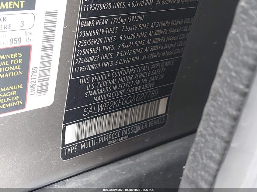 2016 Land Rover Range Rover Sport 3.0L V6 Turbocharged Diesel Hse Td6 VIN: SALWR2KF0GA627789 Lot: 44821502