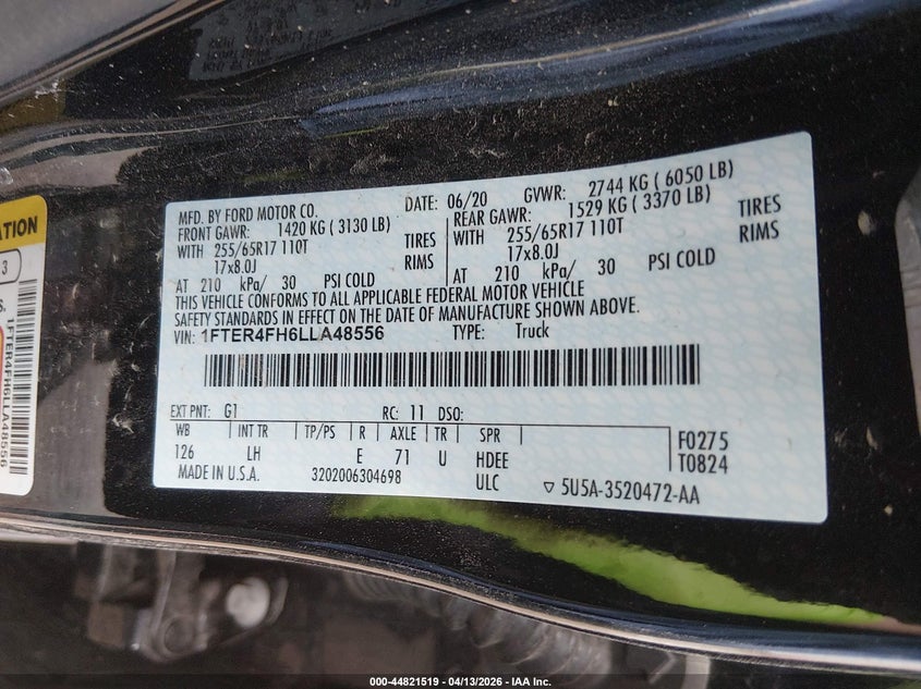 2020 Ford Ranger Xl VIN: 1FTER4FH6LLA48556 Lot: 44821519