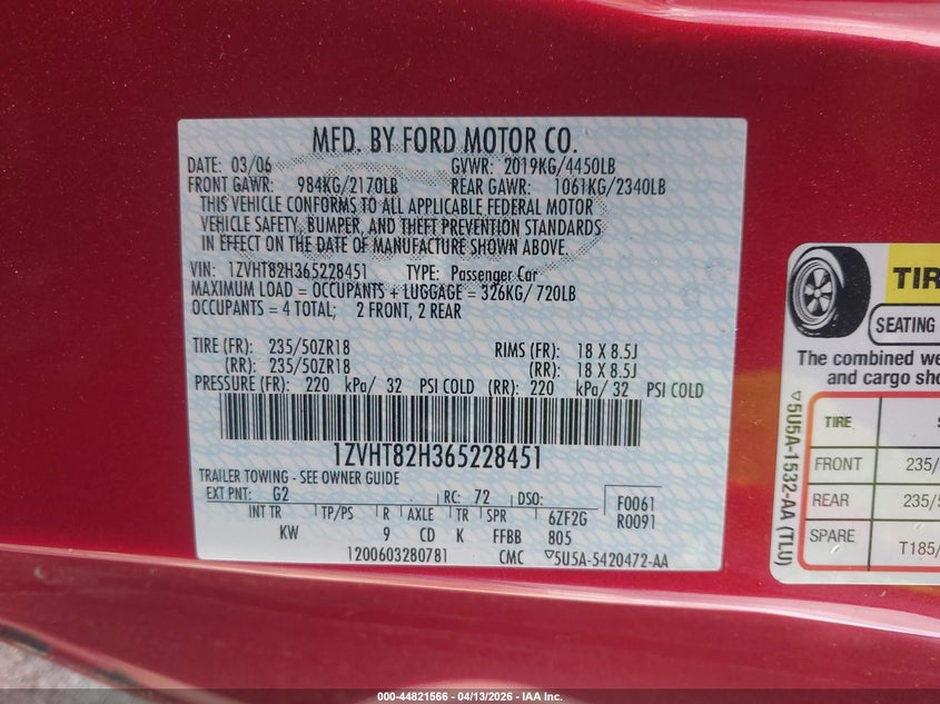 2006 Ford Mustang Gt VIN: 1ZVHT82H365228451 Lot: 44821566