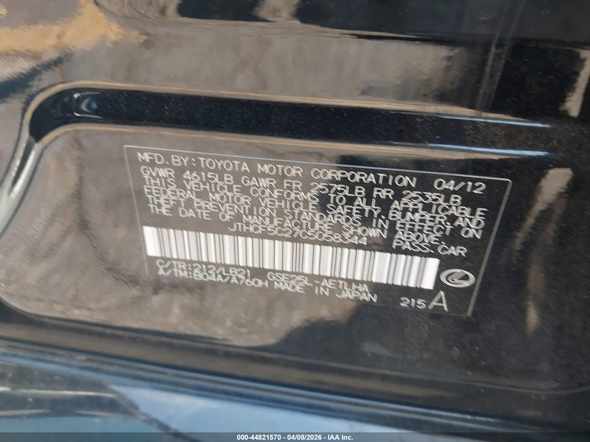 2012 Lexus Is 250 VIN: JTHCF5C27C5058344 Lot: 44821570