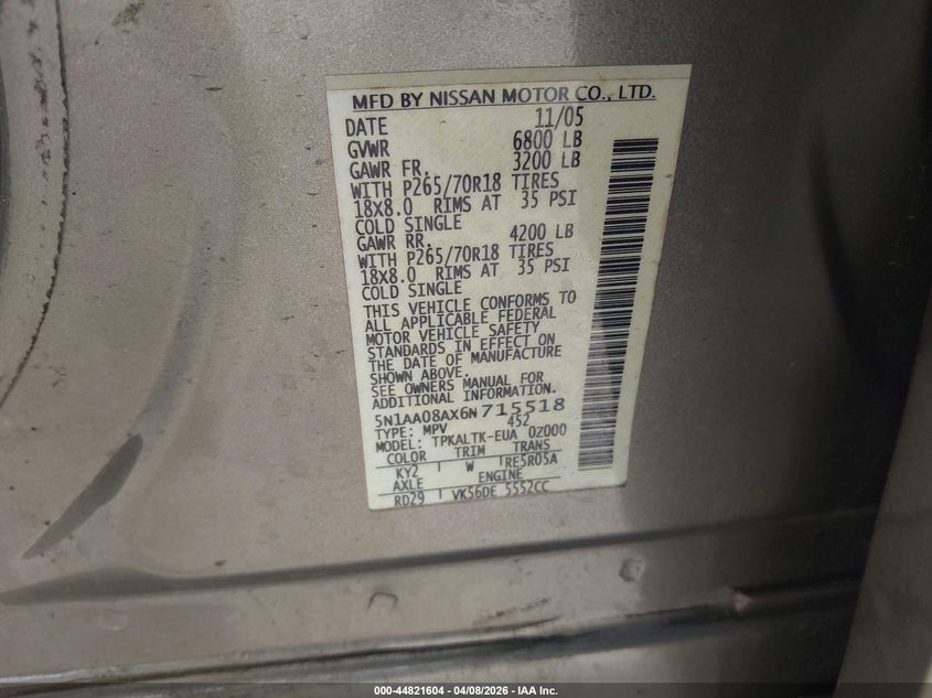 2006 Nissan Armada Se VIN: 5N1AA08AX6N715518 Lot: 44821604
