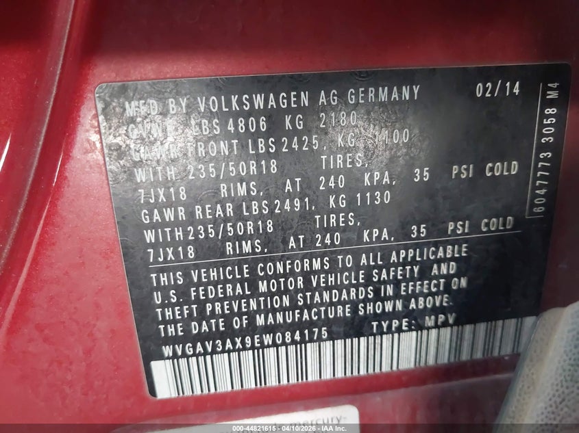 2014 Volkswagen Tiguan Sel VIN: WVGAV3AX9EW084175 Lot: 44821615