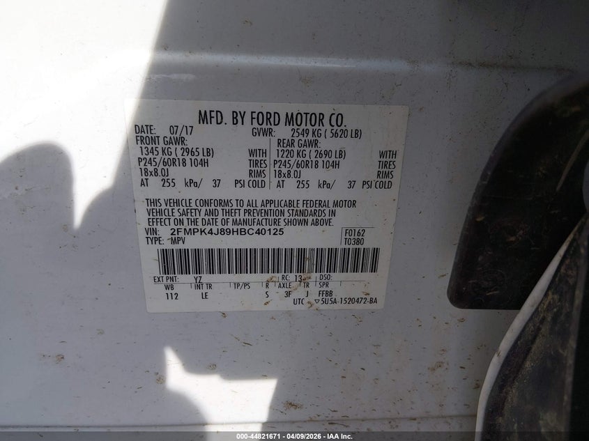 2FMPK4J89HBC40125 2017 Ford Edge 3.5 Sel white