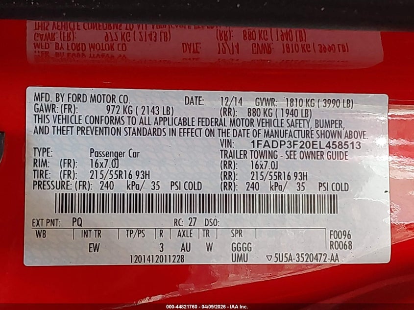 2014 Ford Focus 2.0 Se red Lot 111044821760 Vin 1FADP3F20EL458513