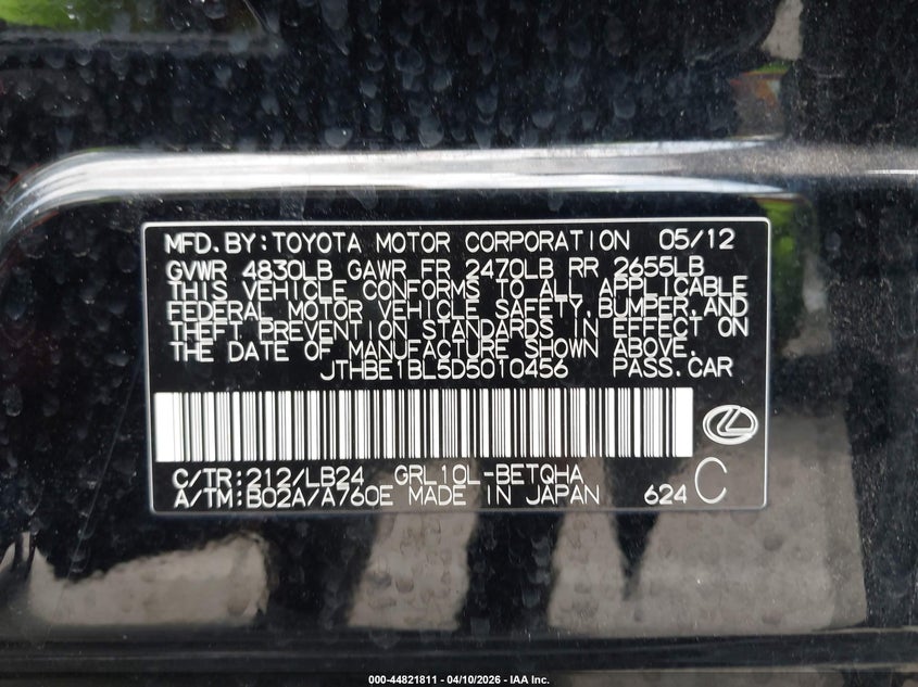 2013 Lexus Gs 350 VIN: JTHBE1BL5D5010456 Lot: 44821811