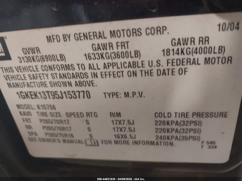 2005 GMC Yukon Slt VIN: 1GKEK13T95J153770 Lot: 44821830