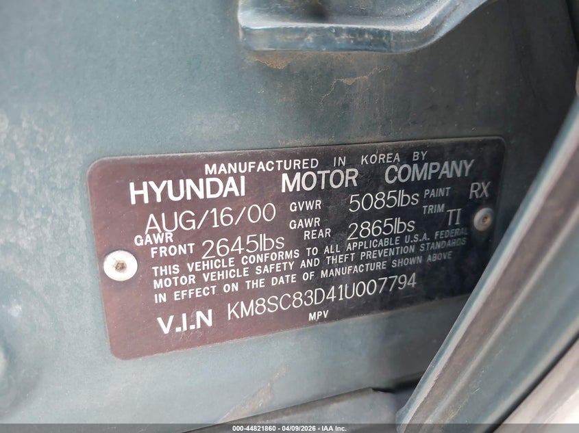 2001 Hyundai Santa Fe 2.7L V6 Gls/2.7L V6 Lx VIN: KM8SC83D41U007794 Lot: 44821860