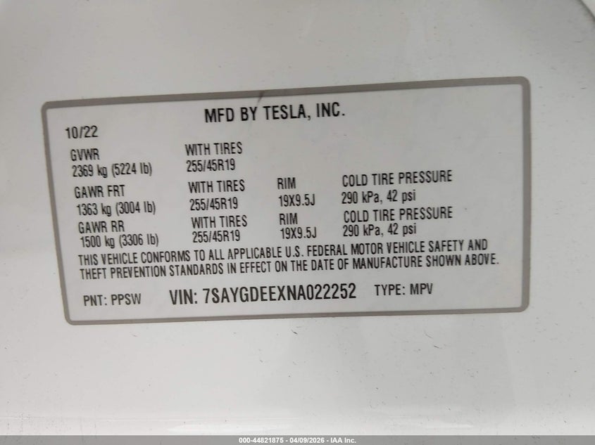 2022 Tesla Model y Long Range Dual Motor All-Wheel Drive white Lot 111044821875 Vin 7SAYGDEEXNA022252