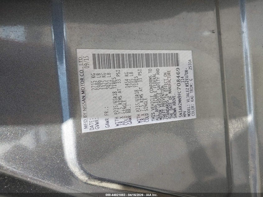 2015 Nissan Pathfinder 3.5 Sv grey Lot 111044821883 Vin 5N1AR2MN9FC708469