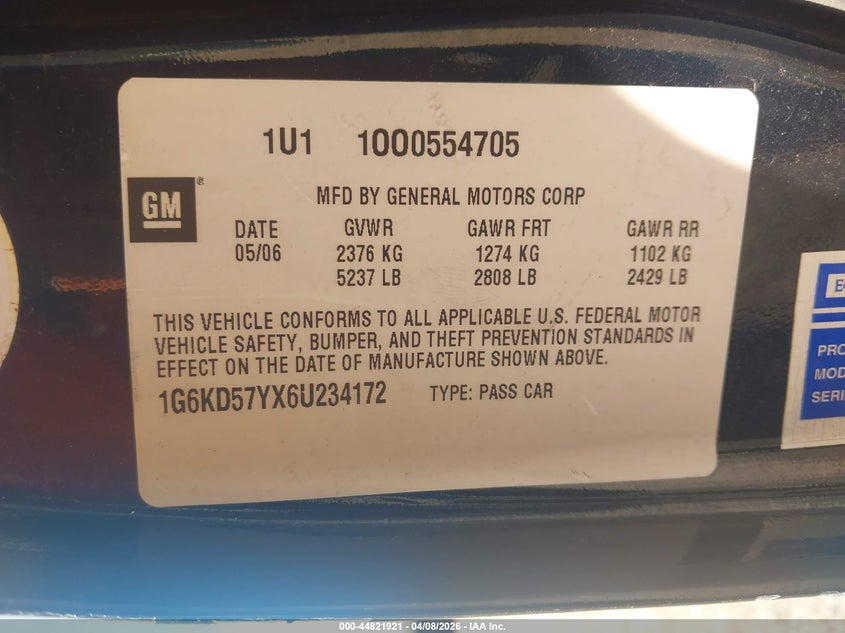 2006 Cadillac Dts Standard VIN: 1G6KD57YX6U234172 Lot: 44821921