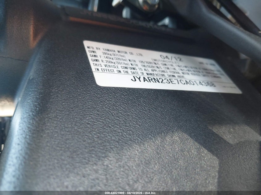 2012 Yamaha Yzfr1 VIN: JYARN23E7CA014368 Lot: 44821999