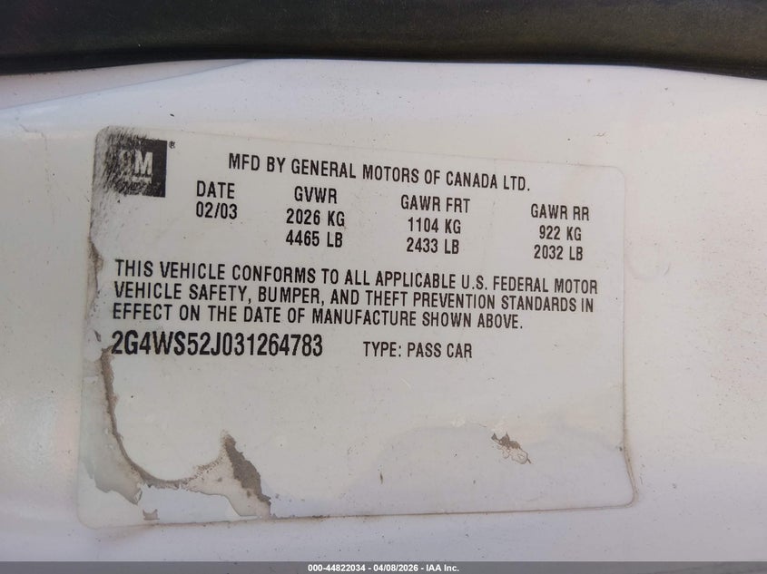 2003 Buick Century Custom VIN: 2G4WS52J031264783 Lot: 44822034