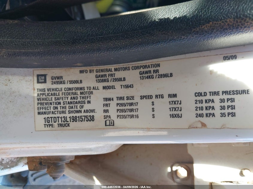 2009 GMC Canyon Sle2 VIN: 1GTDT13L198157538 Lot: 44822036