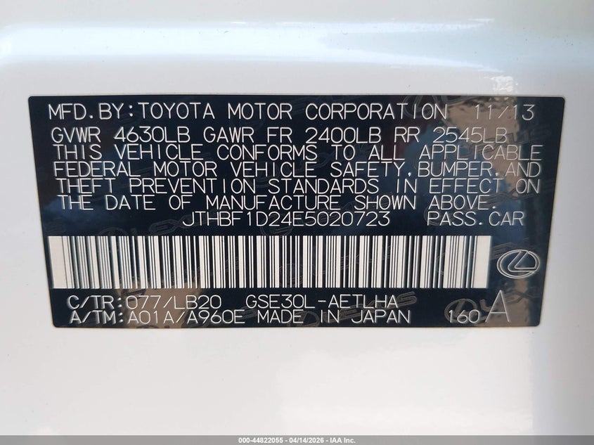 2014 Lexus Is 250 VIN: JTHBF1D24E5020723 Lot: 44822055