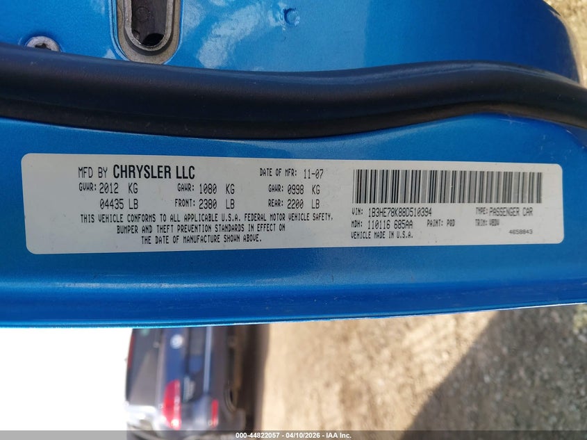 2008 Dodge Caliber R/T VIN: 1B3HE78K88D510394 Lot: 44822057