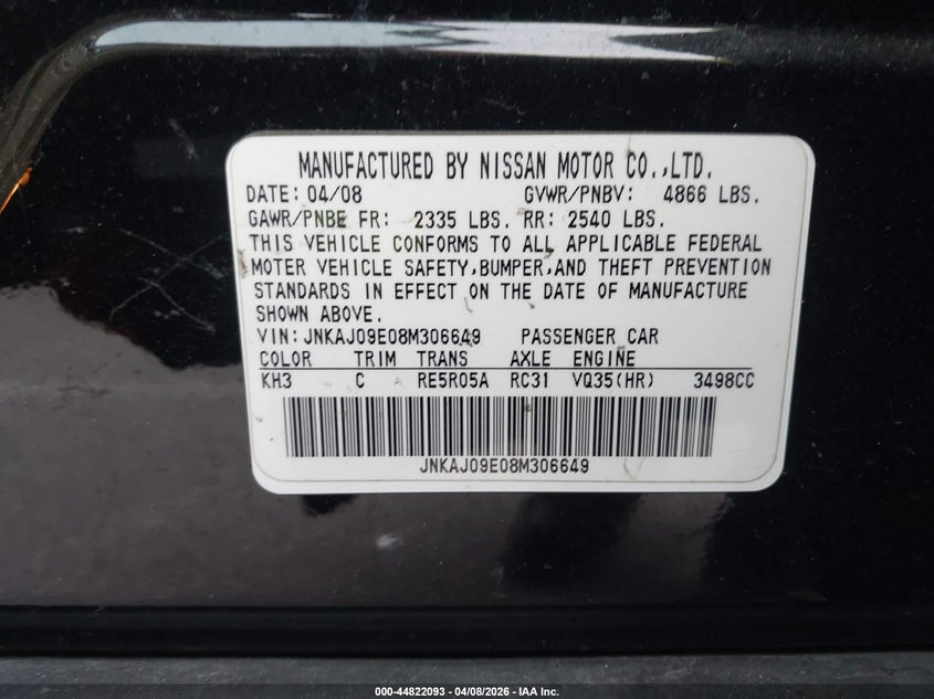 2008 Infiniti Ex35 Journey VIN: JNKAJ09E08M306649 Lot: 44822093