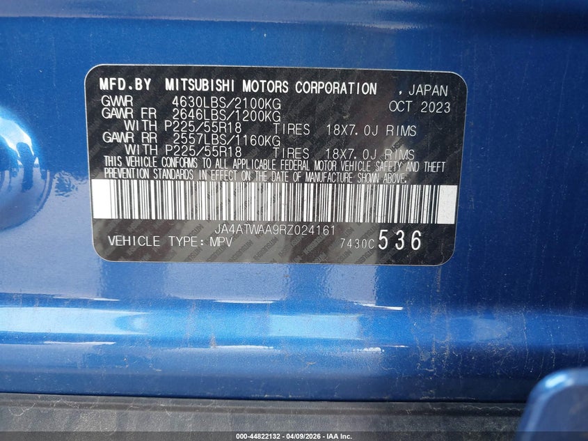 2024 Mitsubishi Eclipse Cross Se S-Awc/Sel S-Awc VIN: JA4ATWAA9RZ024161 Lot: 44822132