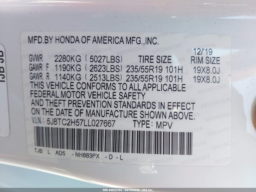 2020 Acura Rdx Technology Package VIN: 5J8TC2H57LL027667 Lot: 44822164