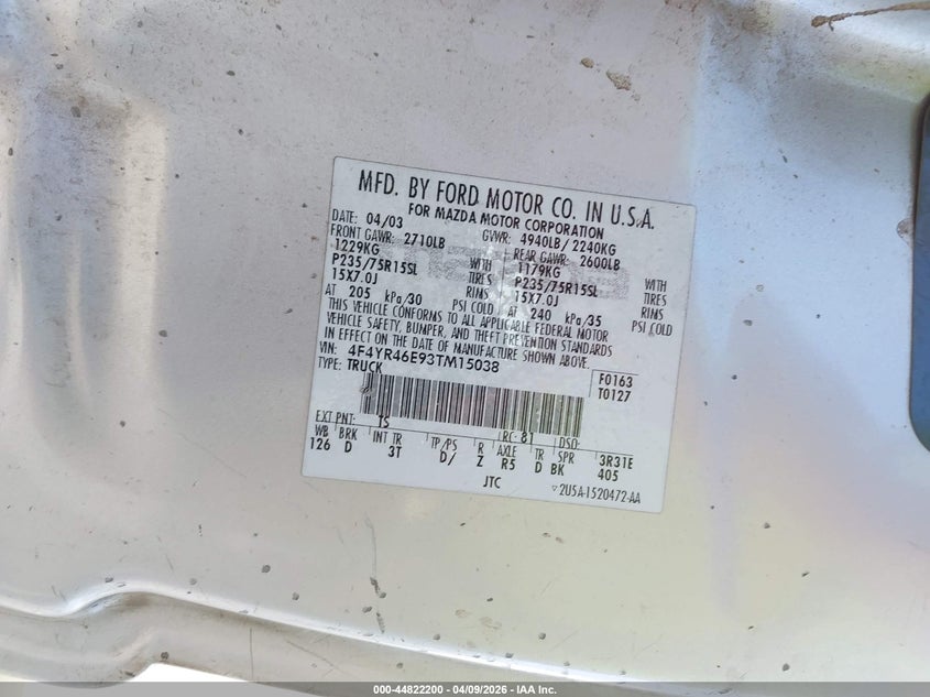 2003 Mazda B4000 Ds VIN: 4F4YR46E93TM15038 Lot: 44822200