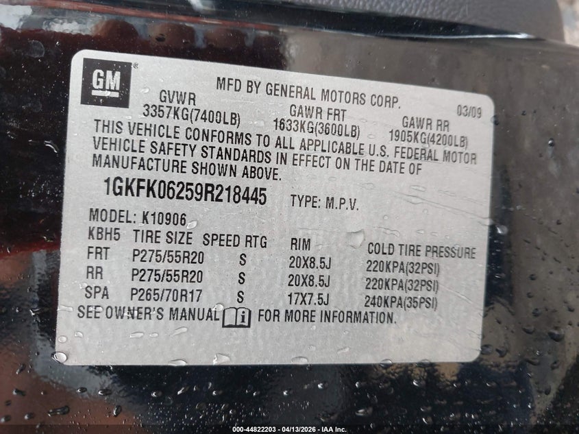 2009 GMC Yukon Xl 1500 Denali VIN: 1GKFK06259R218445 Lot: 44822203