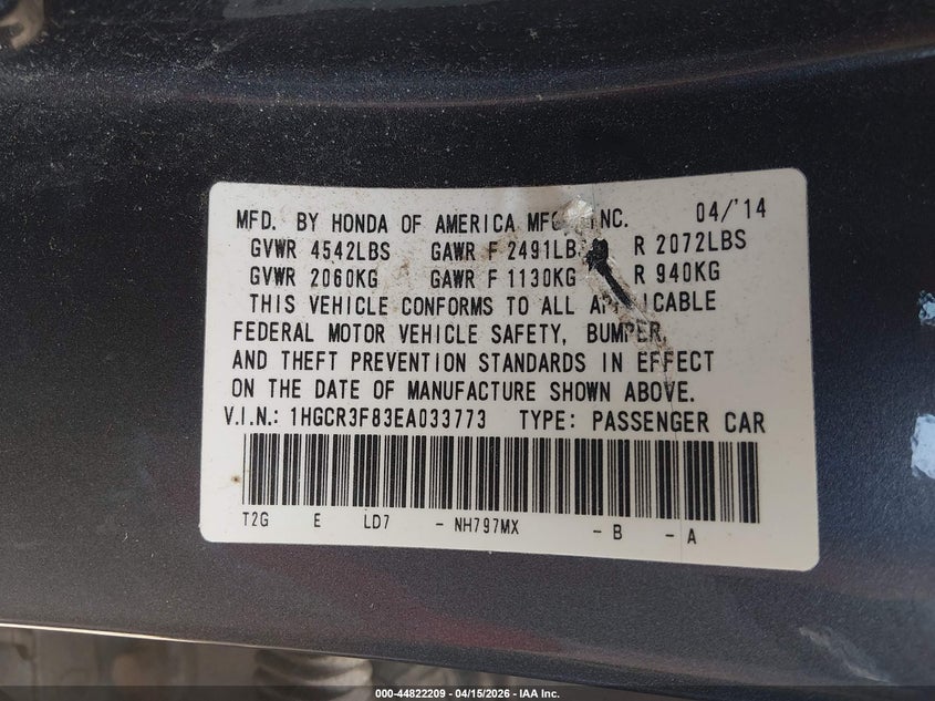 2014 Honda Accord Ex-L V-6 VIN: 1HGCR3F83EA033773 Lot: 44822209