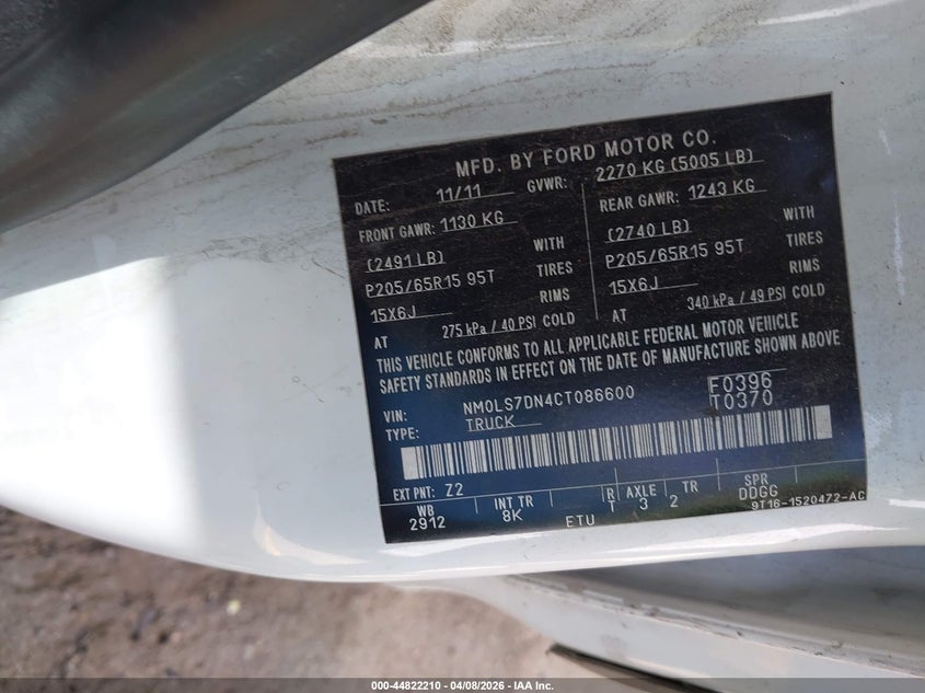 2012 Ford Transit Connect Xlt VIN: NM0LS7DN4CT086600 Lot: 44822210