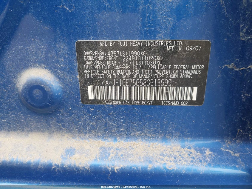 2008 Subaru Impreza Wrx VIN: JF1GE75658G513999 Lot: 44822219