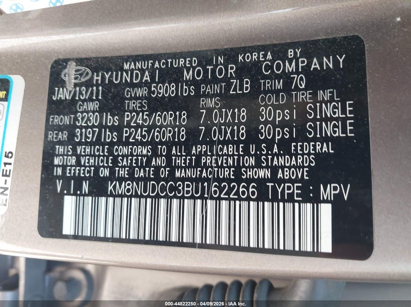 2011 Hyundai Veracruz Limited VIN: KM8NUDCC3BU162266 Lot: 44822250