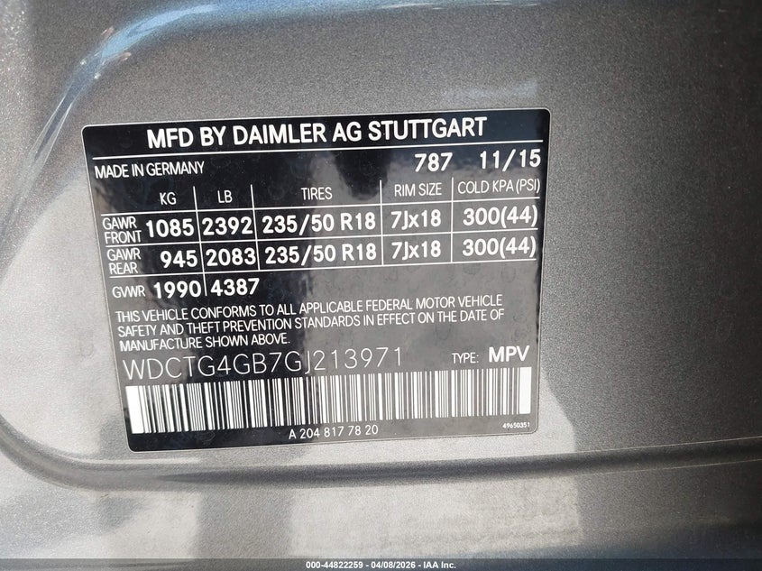 2016 Mercedes-Benz Gla 250 4Matic VIN: WDCTG4GB7GJ213971 Lot: 44822259