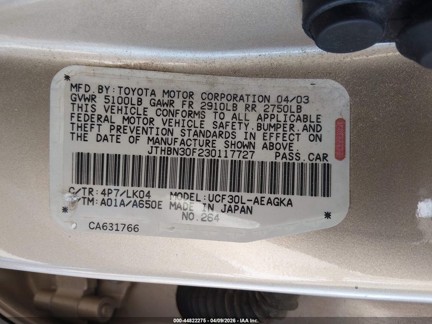 2003 Lexus Ls 430 VIN: JTHBN30F230117727 Lot: 44822275