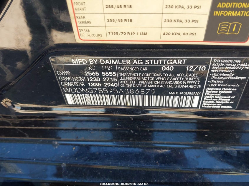 2011 Mercedes-Benz S 550 VIN: WDDNG7BB9BA386879 Lot: 44822315