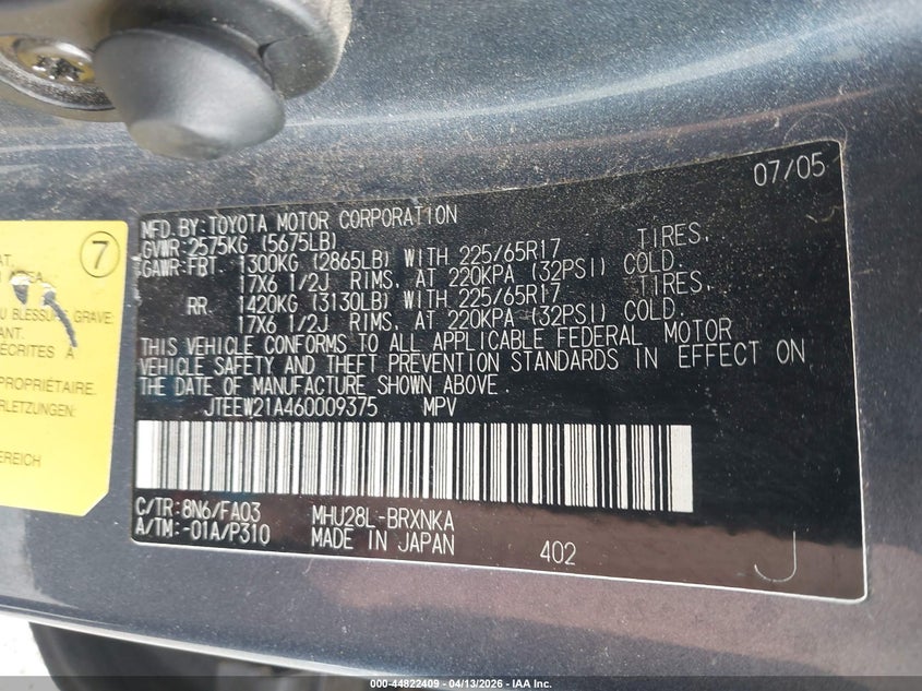 2006 Toyota Highlander Hybrid V6 VIN: JTEEW21A460009375 Lot: 44822409