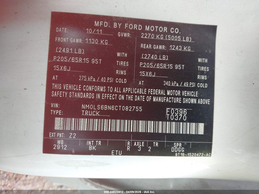 2012 Ford Transit Connect Xlt VIN: NM0LS6BN6CT082755 Lot: 44822412