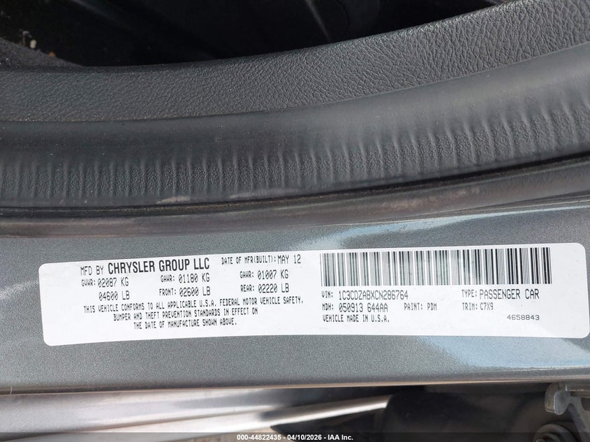 2012 Dodge Avenger Se VIN: 1C3CDZABXCN286764 Lot: 44822435