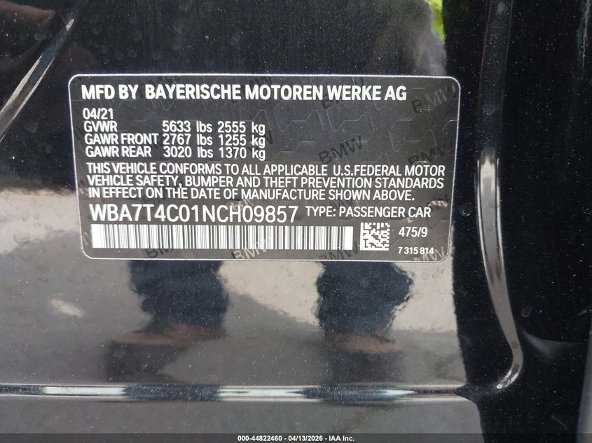 2022 BMW 740 I xDrive VIN: WBA7T4C01NCH09857 Lot: 44822460