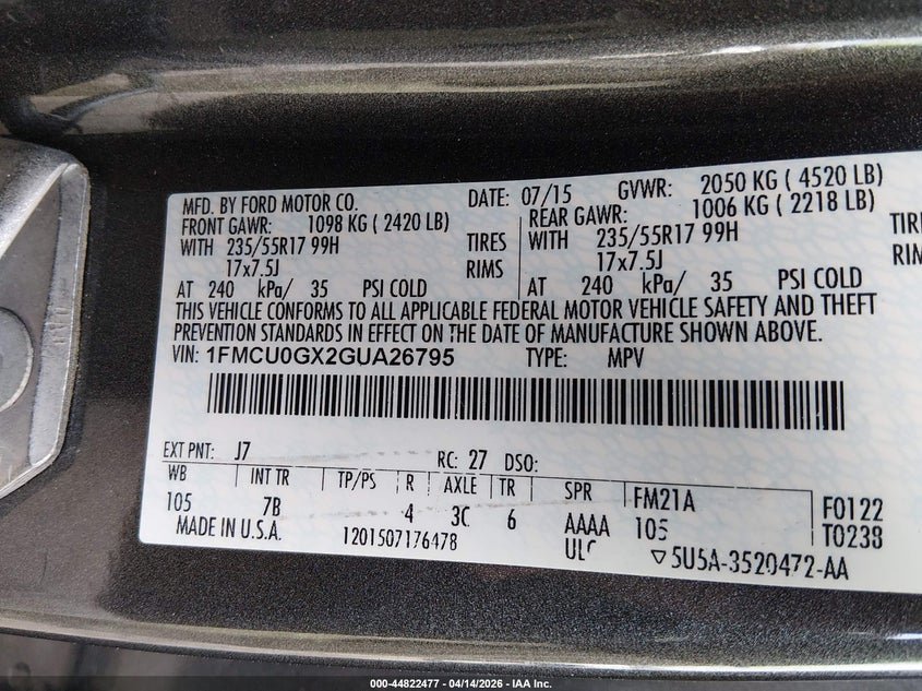 2016 Ford Escape 1.6 Se grey Lot 111044822477 Vin 1FMCU0GX2GUA26795