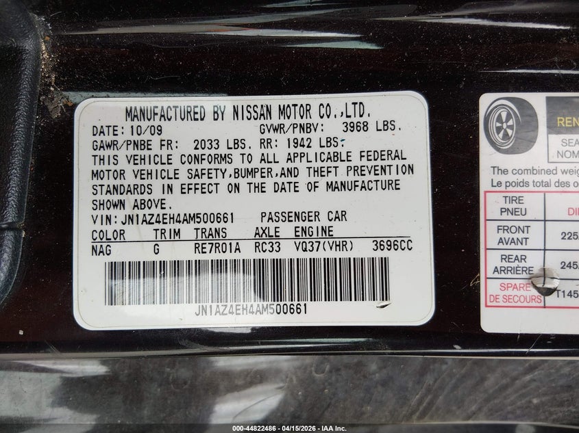 2010 Nissan 370Z VIN: JN1AZ4EH4AM500661 Lot: 44822486