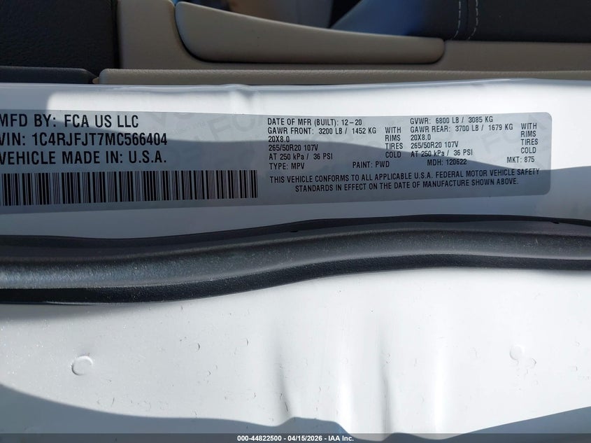 2021 Jeep Grand Cherokee Summit 4X4 VIN: 1C4RJFJT7MC566404 Lot: 44822500