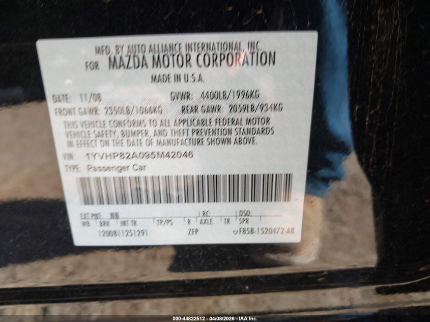 2009 Mazda Mazda6 I Touring VIN: 1YVHP82A095M42046 Lot: 44822512