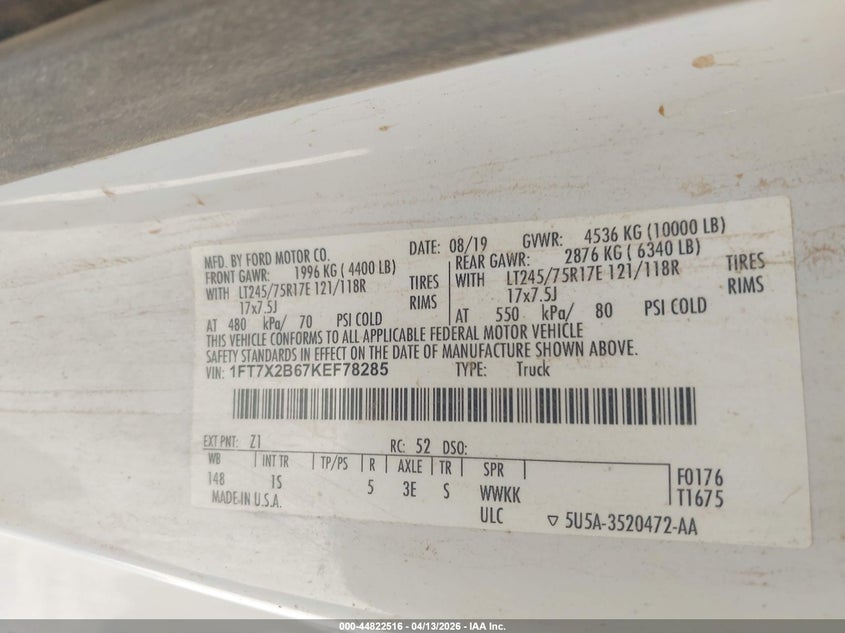 2019 Ford F-250 Xl VIN: 1FT7X2B67KEF78285 Lot: 44822516