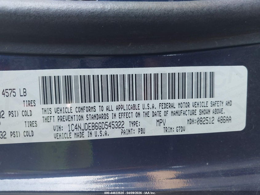 2016 Jeep Compass Latitude VIN: 1C4NJDEB6GD545322 Lot: 44822520