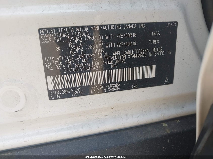 VIN 2T3T6RFV0RW064213 2024 TOYOTA RAV4 HYBRID SE