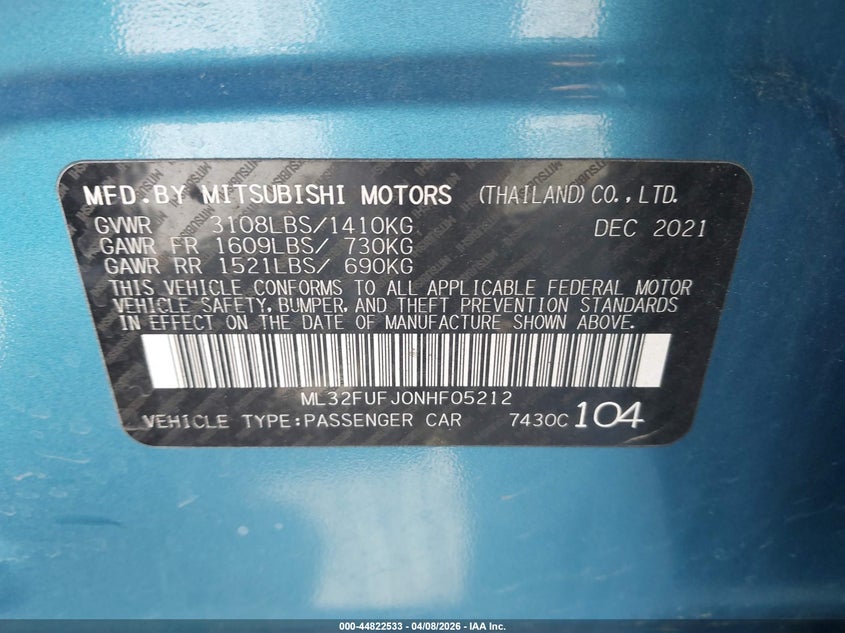 2022 Mitsubishi Mirage G4 Black Edition/Es/Le VIN: ML32FUFJ0NHF05212 Lot: 44822533