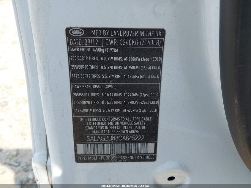 2012 Land Rover Lr4 VIN: SALAG2D48CA645222 Lot: 44822559