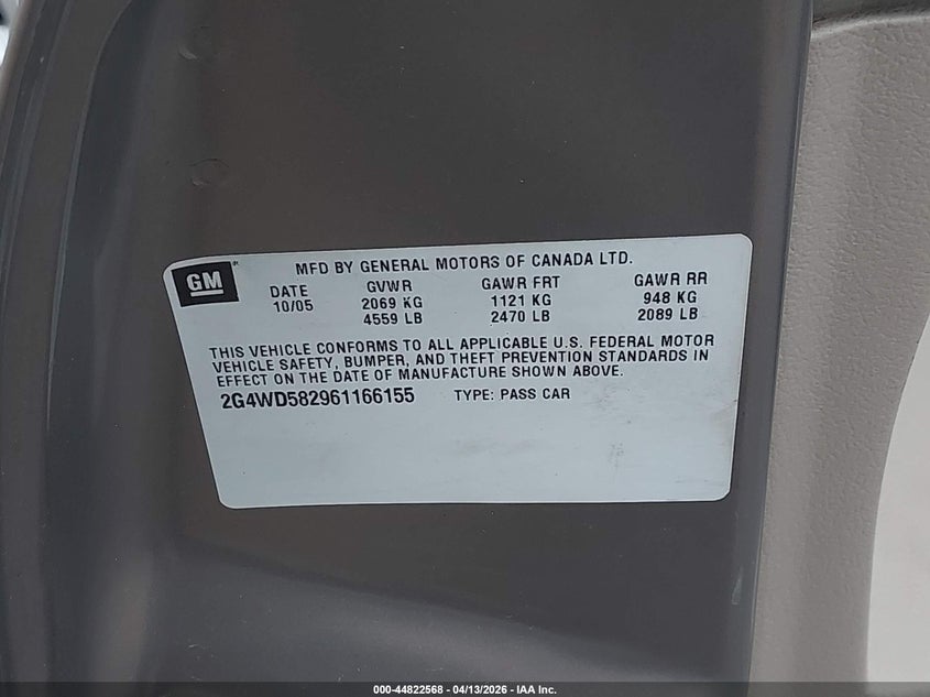 2006 Buick Lacrosse Cxl VIN: 2G4WD582961166155 Lot: 44822568