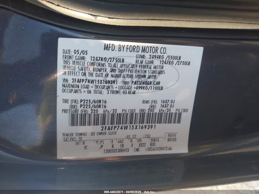 2005 Ford Crown Victoria Lx/Lx Sport VIN: 2FAFP74W15X169391 Lot: 44822571