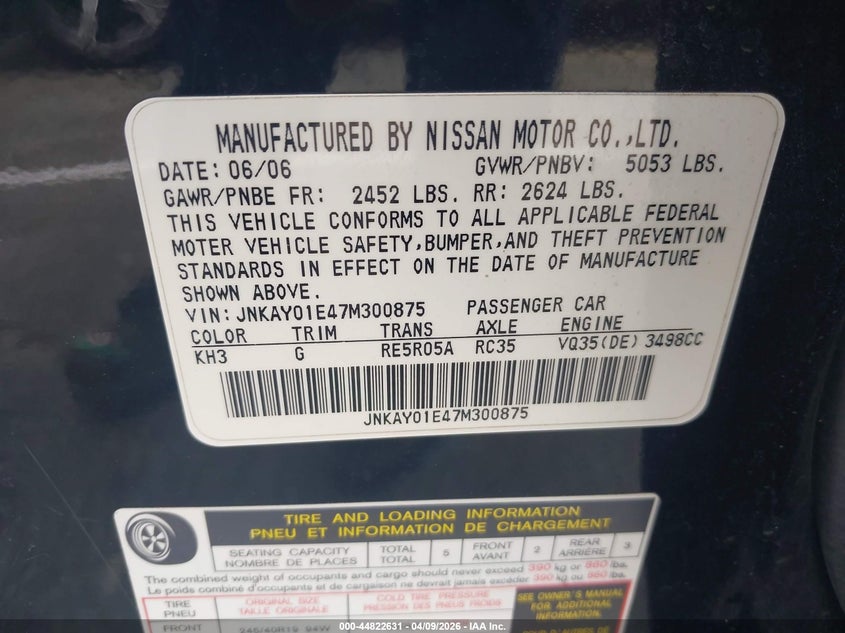 2007 Infiniti M35 Sport VIN: JNKAY01E47M300875 Lot: 44822631