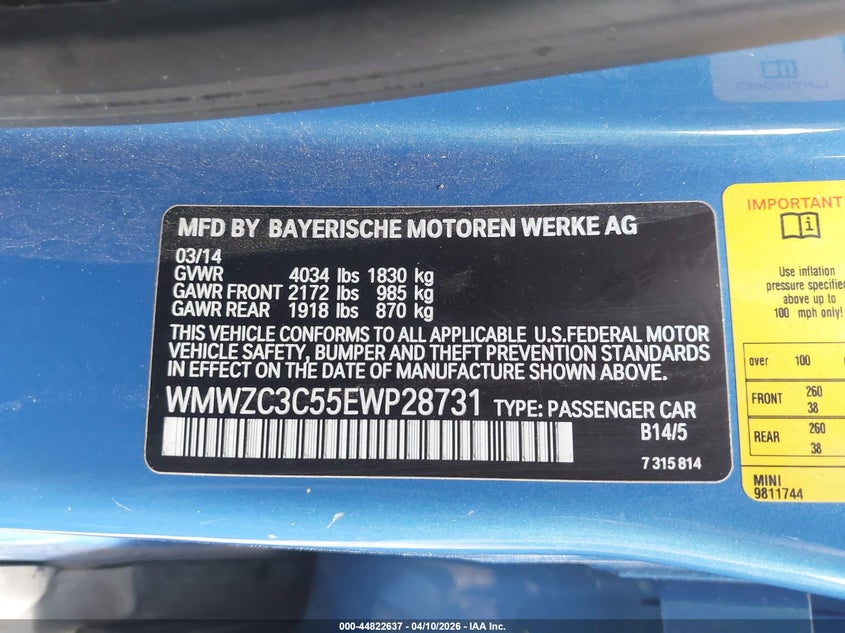 2014 Mini Countryman Cooper S VIN: WMWZC3C55EWP28731 Lot: 44822637