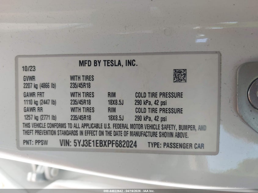 2023 Tesla Model 3 Long Range Dual Motor All-Wheel Drive white Lot 111044822642 Vin 5YJ3E1EBXPF682024